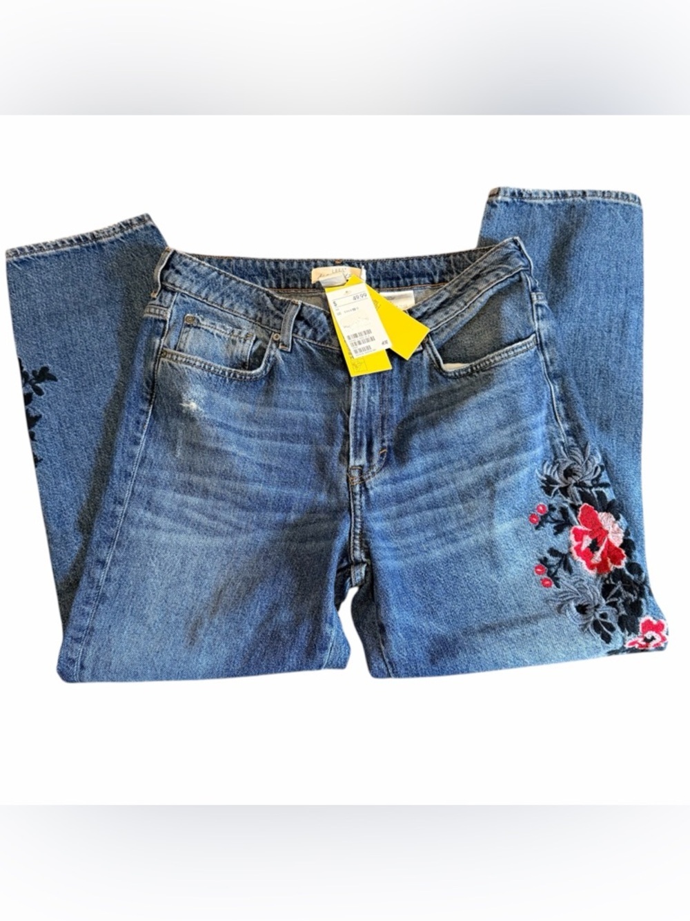 NWT H&M L.O.G.G. Floral Embroidered High Waist Mom Jeans Size 10